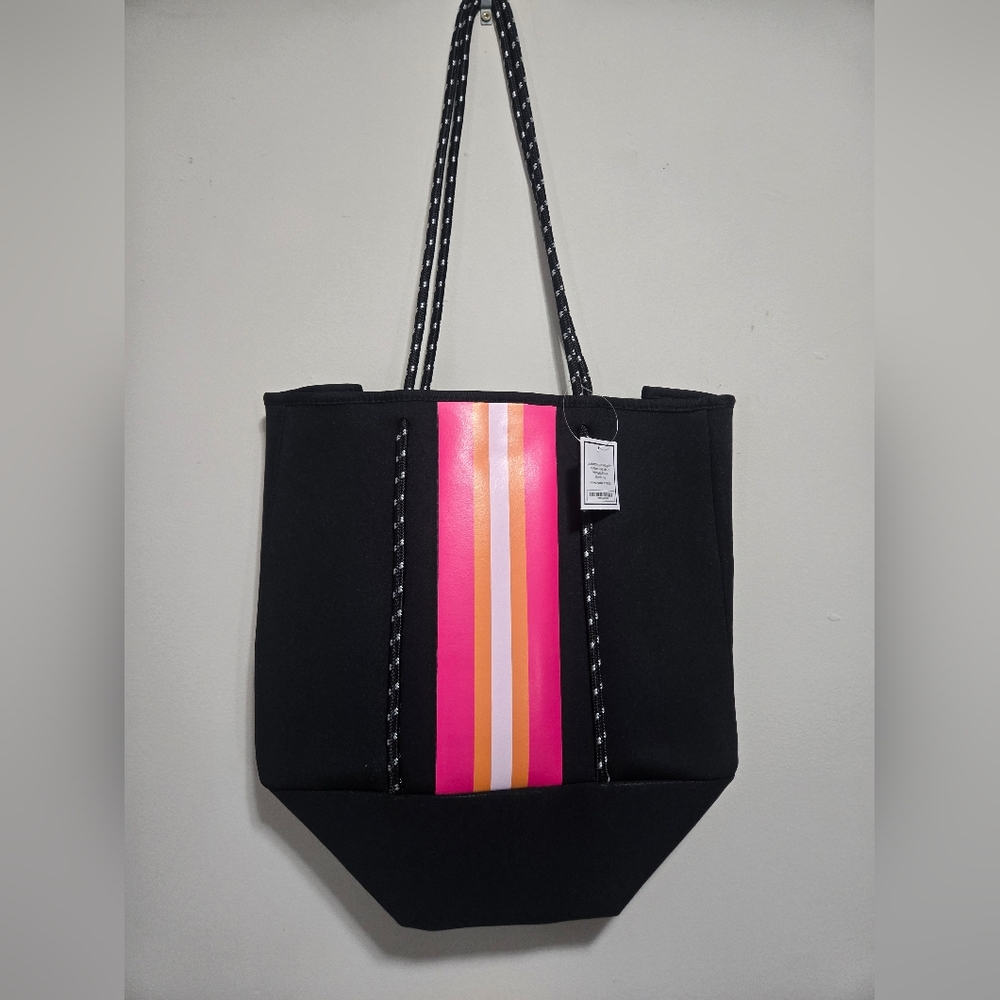 NWT Neopren Black Expandable Tote Bag with Pink White and Orange Racing Stripes